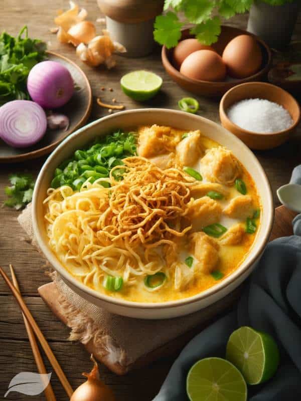 bowl of Kho Soi Gai, featuring creamy coconut curry broth with bite-size chicken pieces and egg noodles