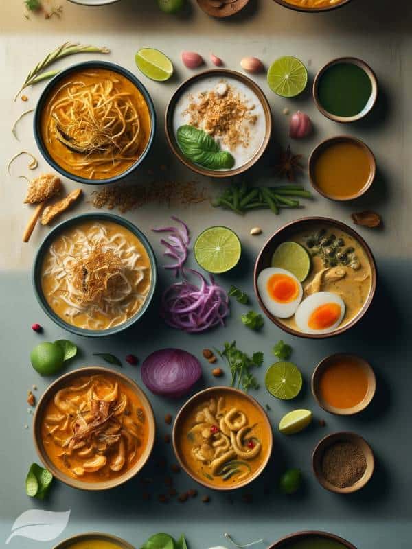 showing the visual differences between Khao Soi curry noodles and other popular Thai coconut milk-based curries.