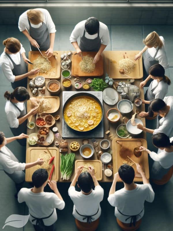 overhead view of a cooking class with students gathered around a table, learning how to prepare and cook Khao Soi from scratch using traditional methods.