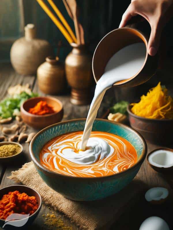 creamy coconut milk being poured into the vibrant Khao Soi curry to make the broth base
