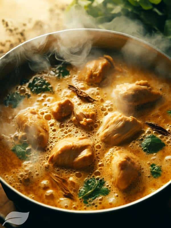 tender pieces of chicken simmering in the aromatic coconut curry broth for Khao Soi Gai