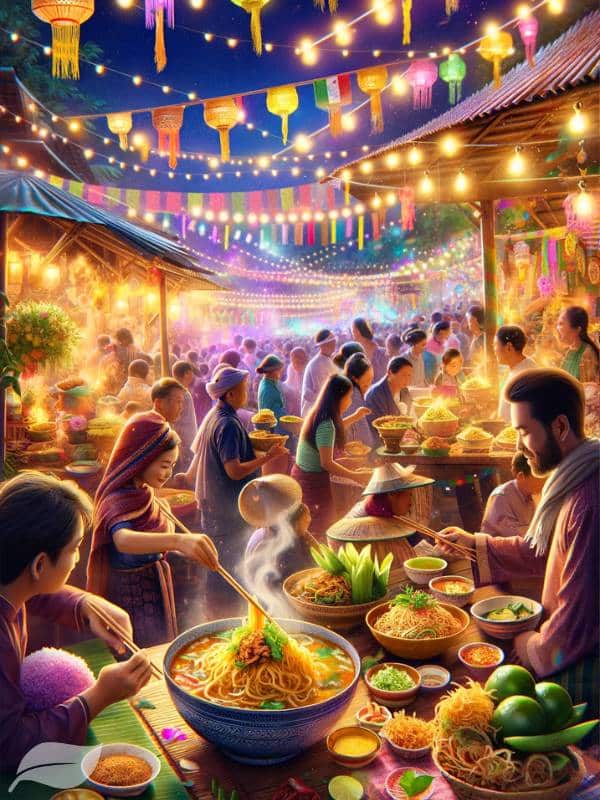 vibrant scene from a Northern Thai festival or celebration, where Khao Soi Gai is being served prominently