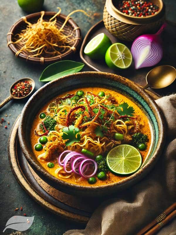 A beautifully plated Khao Soi Gai in a rustic bowl, showcasing vibrant colors and garnishes.