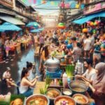 A bustling Thai street market during the Songkran festival, with vendors preparing and serving Khao Soi Gai to eager festival-goers.
