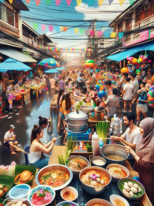 A bustling Thai street market during the Songkran festival, with vendors preparing and serving Khao Soi Gai to eager festival-goers.