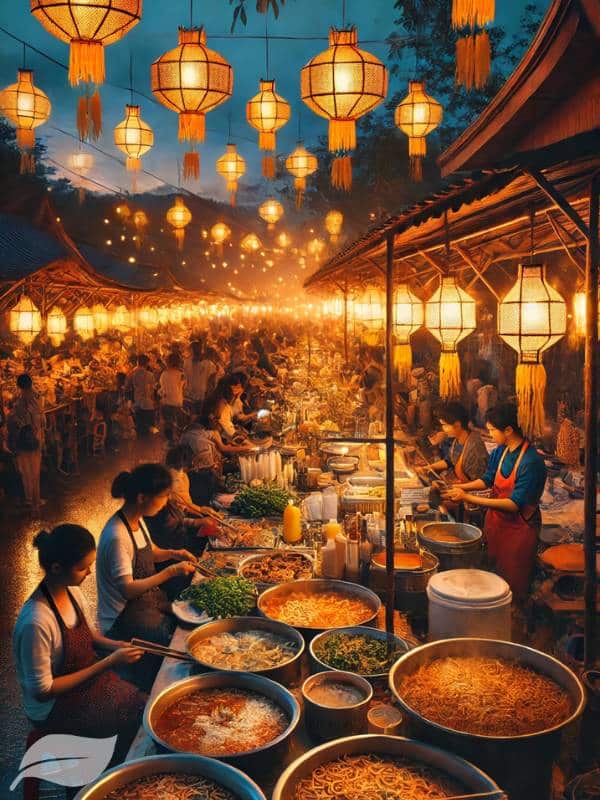 A bustling night market in Northern Thailand with multiple stalls selling Khao Soi Gai, illuminated by warm lantern light.