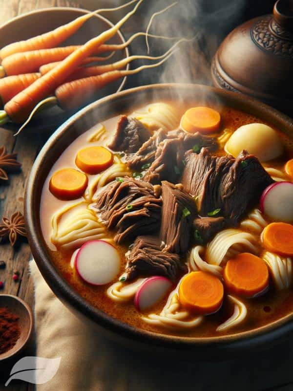 A close-up, mouth-watering image of slow-cooked beef or duck submerged in a velvety, rich coconut curry broth.