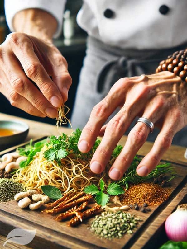 A close-up of a Western chef's hands preparing a fusion version of Khao Soi Gai, showing unique ingredients being added to the traditional base.