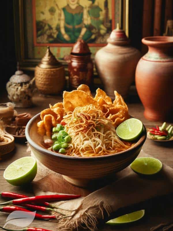 A close-up of a steaming bowl of Khao Soi Gai, garnished with crispy noodles, lime wedges, and chili oil, placed on a traditional Thai wooden table