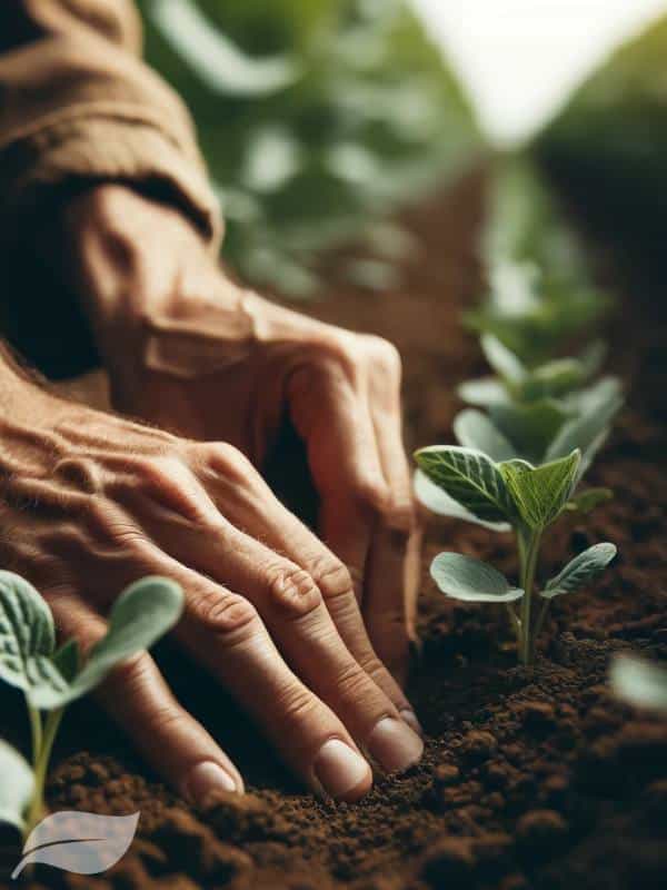 A close-up shot of a farmer's hands carefully tending to a crop