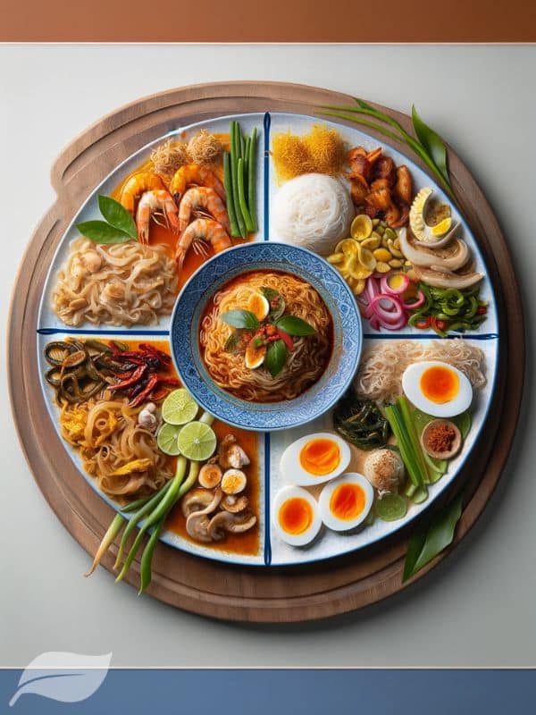 A comparison plate featuring Khao Soi Gai alongside Myanmar's Ohn No Khao Swè and Laos' Khao Poon. Each dish is distinctly plated, showcasing their unique ingredients and presentation styles.