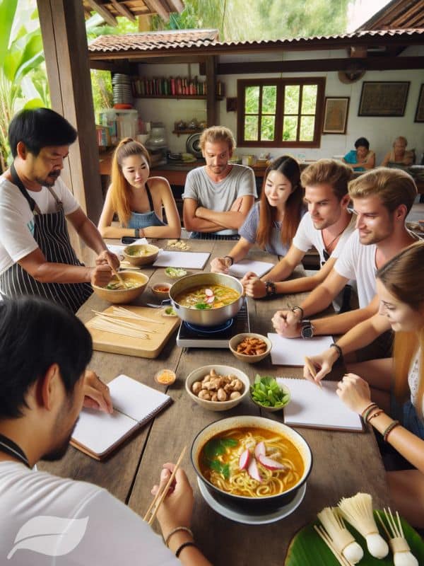 A cooking class in Thailand where tourists are learning to make Khao Soi Gai. The instructor demonstrates the preparation of the curry broth while participants watch and take notes.