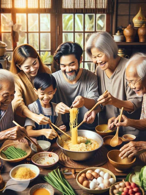 A family gathered in a traditional Thai kitchen, collaboratively preparing Khao Soi Gai.