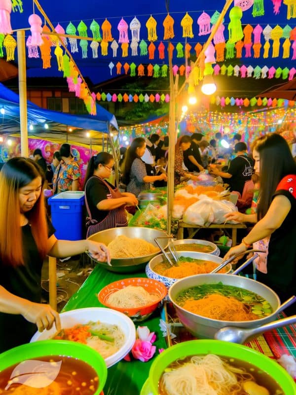 A festive Thai market scene with vendors preparing and selling Khao Soi Gai. The vibrant atmosphere includes colorful decorations and people enjoying the dish.