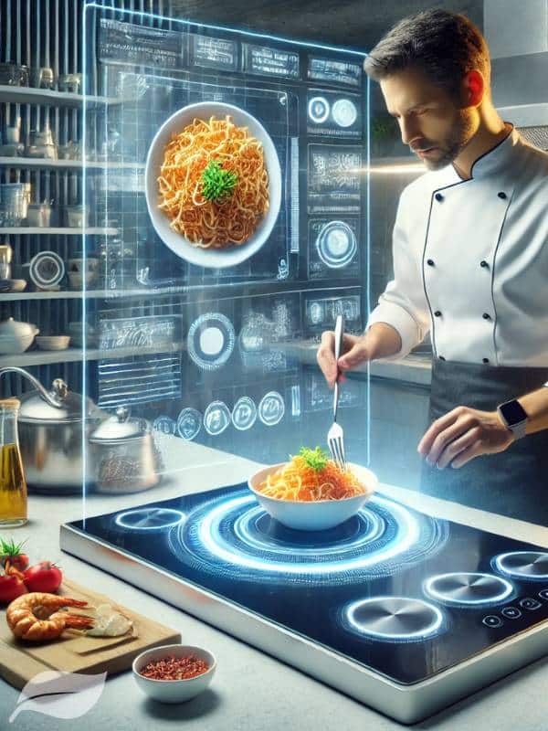 A futuristic kitchen setting where a chef is using advanced cooking technology to prepare a modern interpretation of Khao Soi Gai, symbolizing the dish's evolving future in Western cuisine.