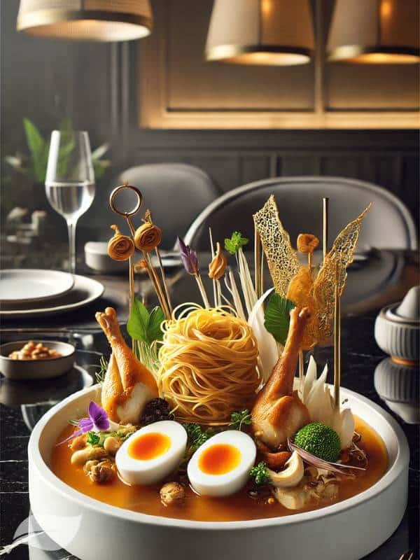A modern, upscale restaurant plate featuring a deconstructed Khao Soi Gai, emphasizing the dish's evolution in fine dining