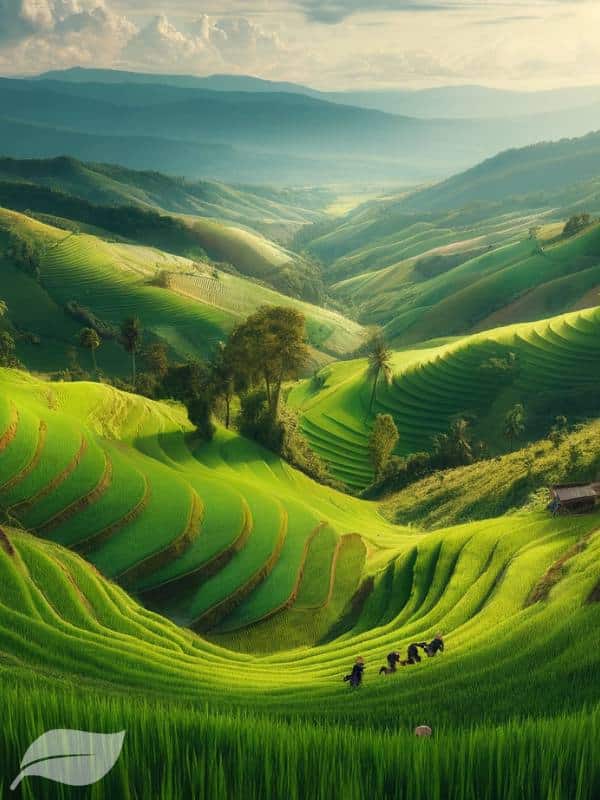 A panoramic view of lush green terraced rice fields in Northern Thailand