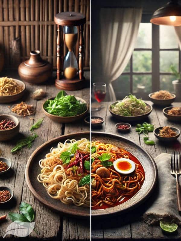 A split image showing traditional Khao Soi Gai on the left and a modern Western interpretation on the right, highlighting the fusion aspect