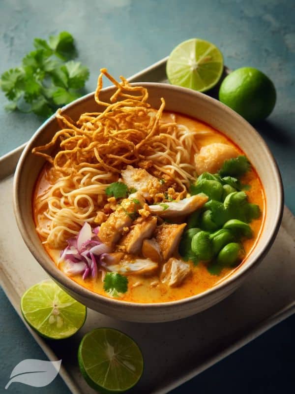 A steaming bowl of Khao Soi Gai, garnished with crispy noodles, fresh cilantro, lime wedges, and pickled mustard greens.