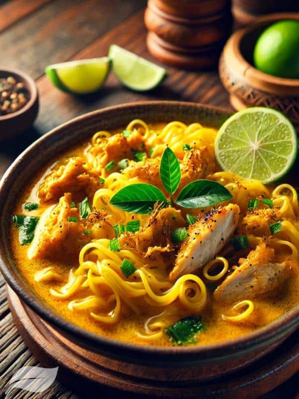 A steaming bowl of Khao Soi Gai, showcasing the vibrant yellow curry broth, tender chicken pieces, and crispy egg noodles