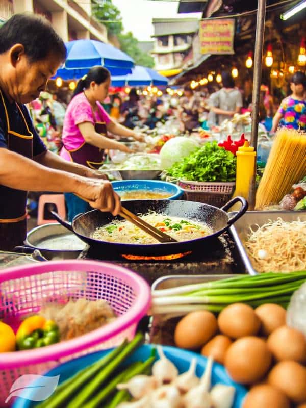 A street food vendor in Chiang Mai preparing Khao Soi Gai, surrounded by colorful ingredients and traditional cooking utensils
