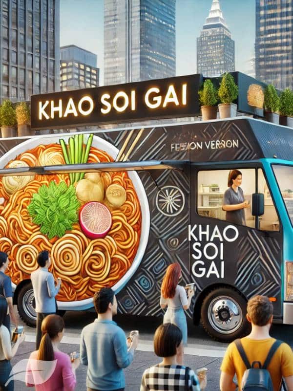 A stylish food truck with a modern Khao Soi Gai-inspired logo, serving fusion versions of the dish to a diverse crowd in a bustling city setting