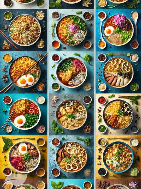 A vertical collage showcasing various interpretations of Khao Soi Gai from different countries.