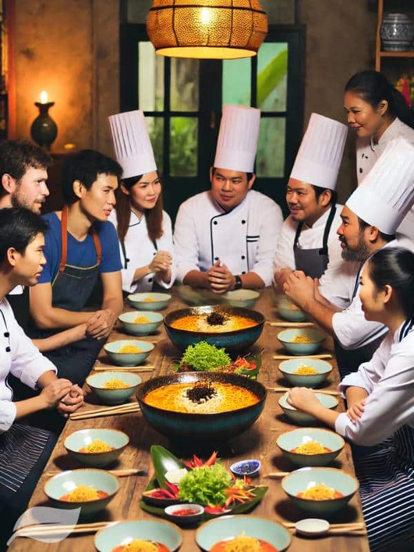 A vertical image of a diverse group of chefs from different nationalities, gathered around a table, sharing and discussing a large bowl of Khao Soi Gai