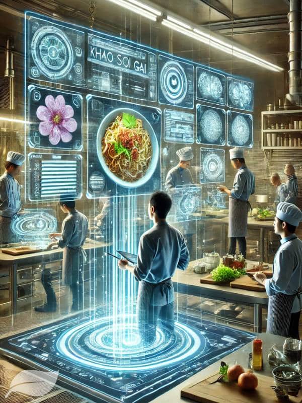 A vertical image showing a futuristic kitchen with holographic displays of Khao Soi Gai recipes and techniques.