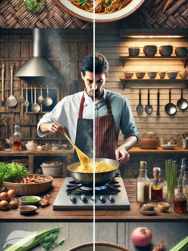 A vertical split-screen image. On the top half, a Thai chef in a traditional kitchen preparing Khao Soi Gai, with authentic ingredients and vibrant colors.
