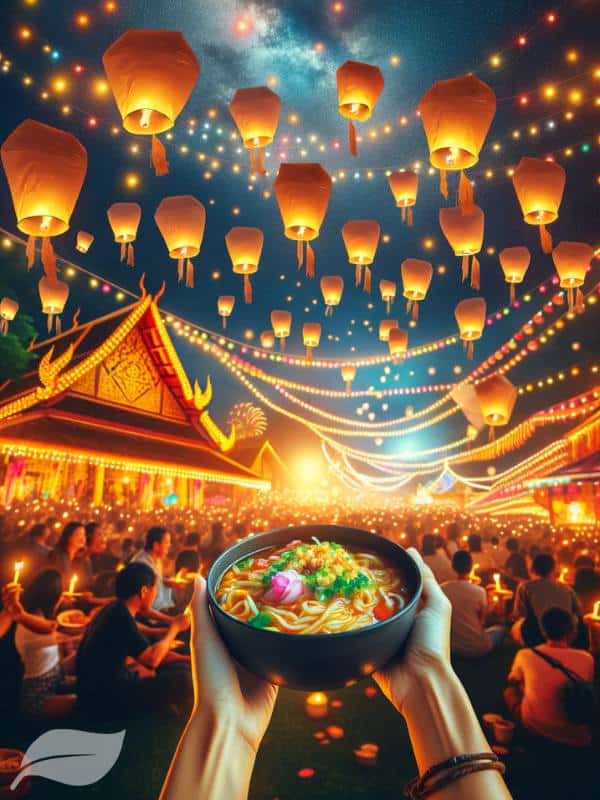 A vibrant festival scene at night, with people releasing floating lanterns and enjoying bowls of Khao Soi Gai