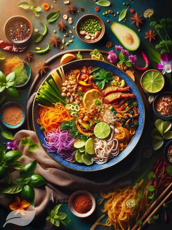 A vibrant, overhead shot of a beautifully plated bowl of Khao Soi Gai, showcasing the harmonious blend of Thai, Lao, Burmese, and Chinese influences
