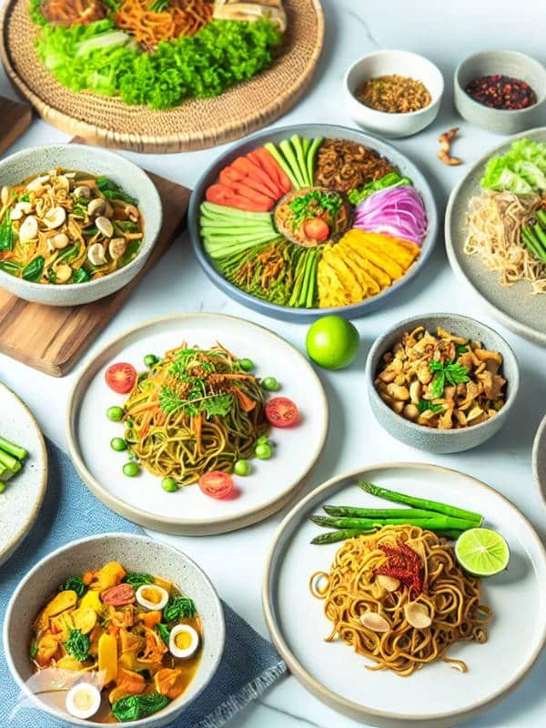 A visually appealing spread of various Western-adapted Khao Soi Gai dishes, showcasing different health-conscious versions like vegetarian, vegan, and whole grain options