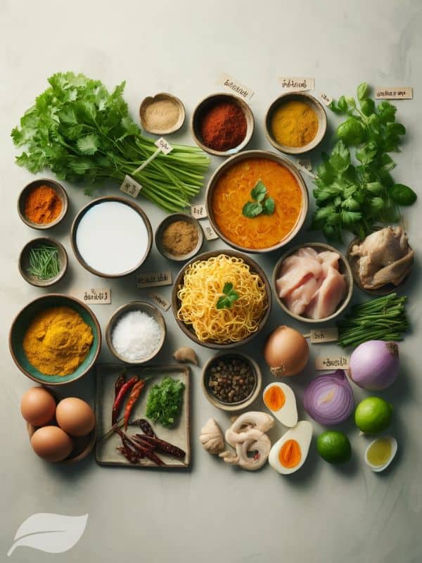An array of Khao Soi Gai ingredients laid out on a kitchen counter. Ingredients include coconut milk, curry paste, egg noodles, chicken, fresh herbs, and spices, each clearly labeled.