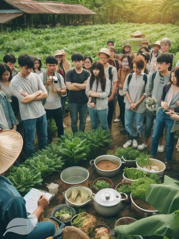 a group of tourists participating in an agricultural tour. They are learning about the cultivation and harvesting of ingredients used in Khao Soi Gai.