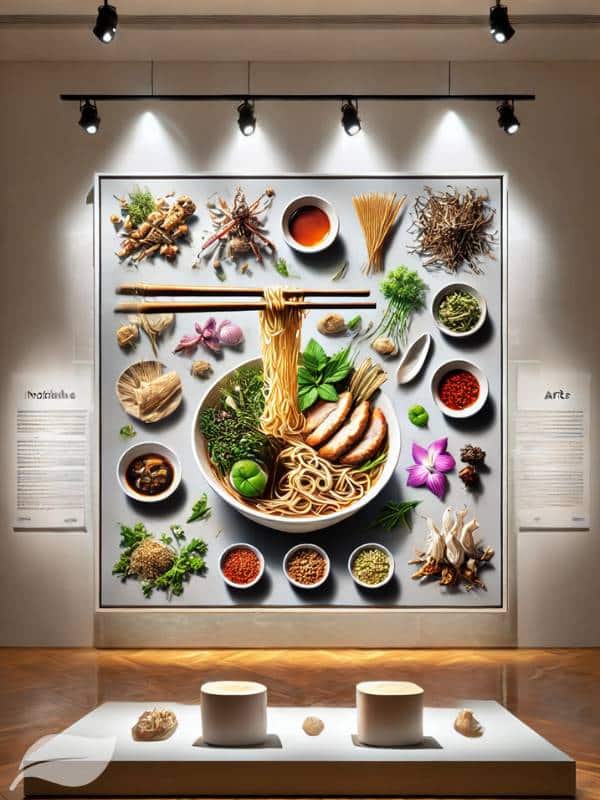 a modern art installation featuring a deconstructed bowl of Khao Soi Gai