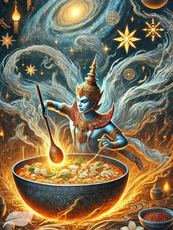 a mythical Thai deity stirring an enormous, glowing bowl of Khao Soi Gai