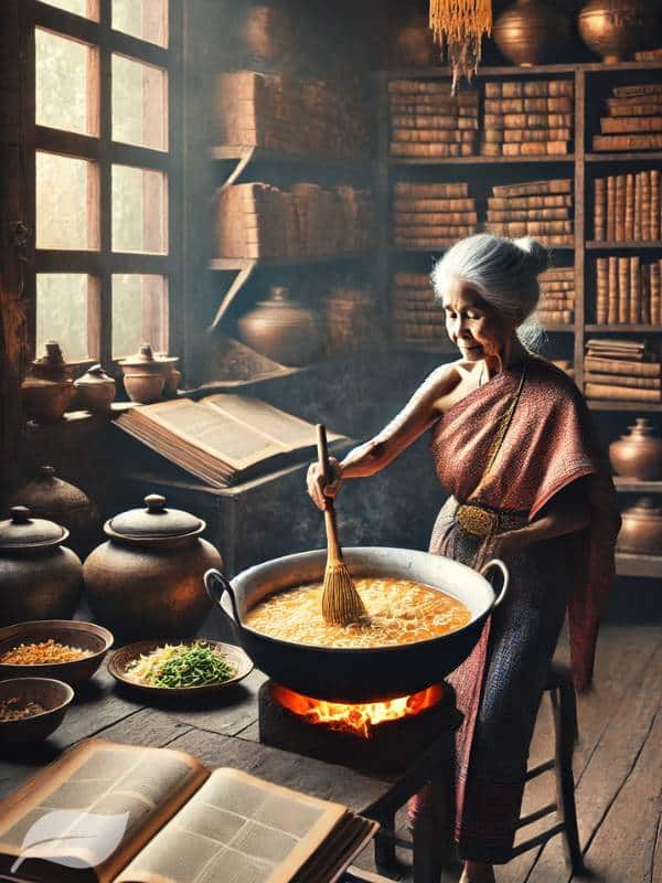 an elderly Thai woman in traditional dress, stirring a large pot of Khao Soi Gai in a rustic kitchen