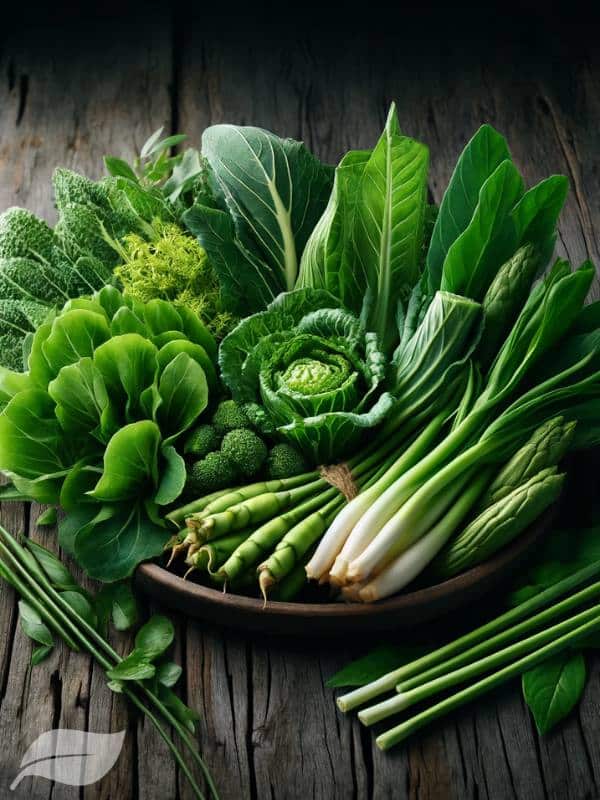 fresh mustard greens, Chinese kale, and young bamboo shoots arranged against a rustic wooden background