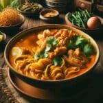hot Khao Soi Gai. The vibrant curry broth is rich and golden, with tender pieces of chicken and egg noodles submerged in it.