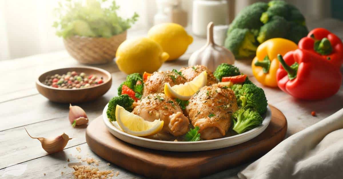 keto air-fryer lemon garlic chicken thighs on a white plate with brocolli