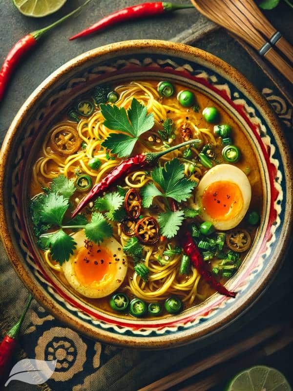 A steaming bowl of Khao Soi Gai, showcasing its vibrant colors and diverse ingredients.