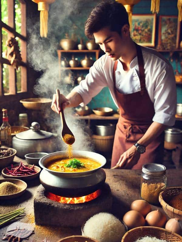 a chef in a traditional Thai kitchen, demonstrating the preparation of Khao Soi Gai.