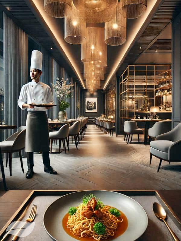 a modern, stylish restaurant interior with a chef presenting a gourmet version of Khao Soi Gai.