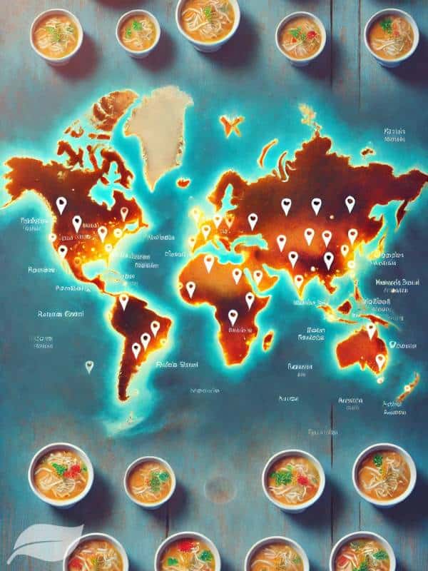 a world map highlighting the global spread of Khao Soi Gai, with small bowl icons marking major cities where the dish has gained popularity